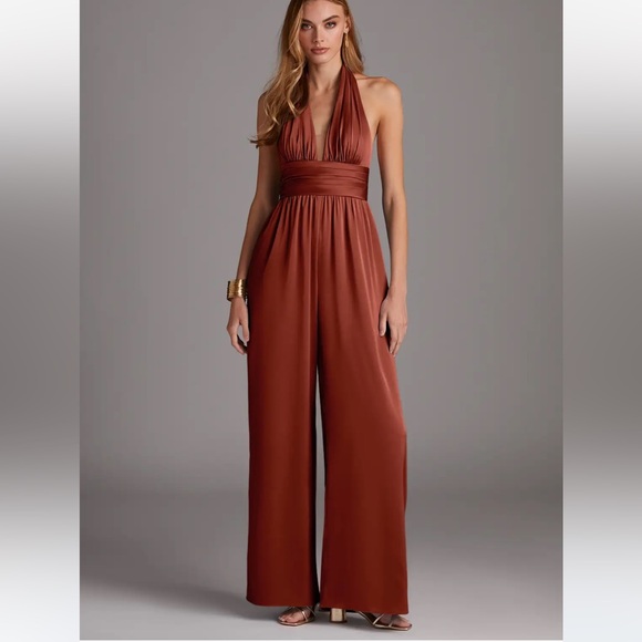 Azazie Chic Brown Halter Jumpsuit - Picture 3 of 4